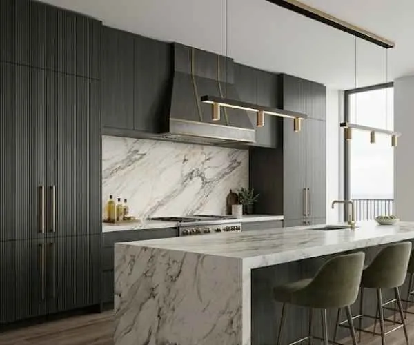 Modern kitchen with marble island and professional finishes