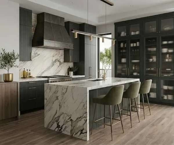Contemporary kitchen with dark cabinetry and marble island
